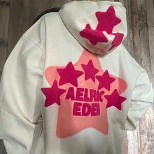 Aelfric Eden Cream Hoodie with Pink and Coral Star Appliqués